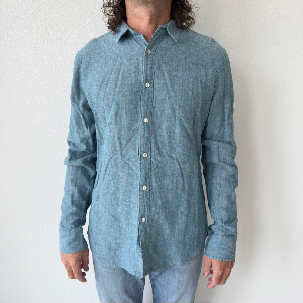 American Rag Long Sleeve Linen Button Down Shirt Blue